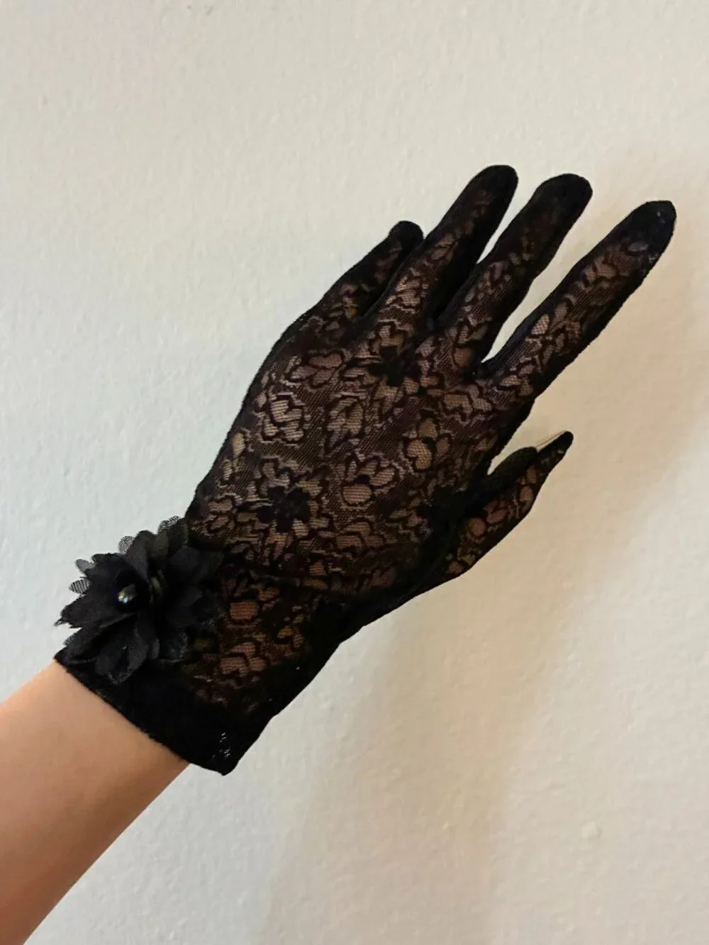New Lace Black Gloves With Floral Applique Detail and Touchscreen Compatibility
